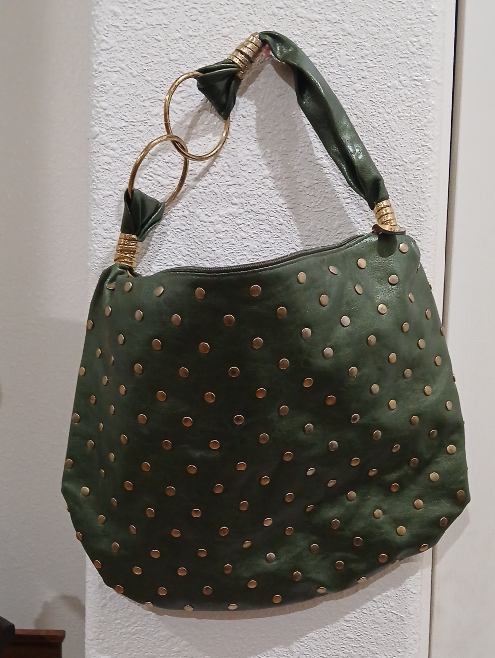 Green Studded Hobo Bag with Gold Accents - Women Bags